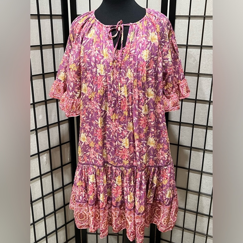 SUNDANCE AISHA Floral PRINT MINI Boho Dress WITH PINTUCKING SHORT SLEEVE SZ L